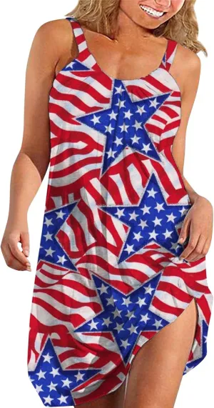 4th of July Dresses for Women Summer Casual Sleeveless Beach Flowy Sundress Patriotic American Flag Stars Tank Dress