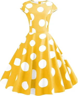 50s Outfits for Women Polka Dots Cap Sleeve Crew Neck Midi Sundress Rockabilly Swing A-Line Cocktail Party Dresses