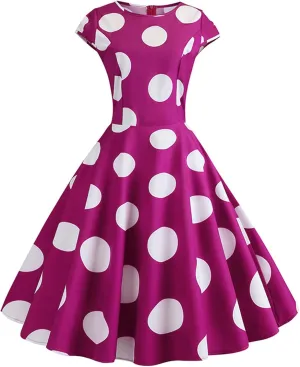 50s Outfits for Women Polka Dots Cap Sleeve Crew Neck Midi Sundress Rockabilly Swing A-Line Cocktail Party Dresses
