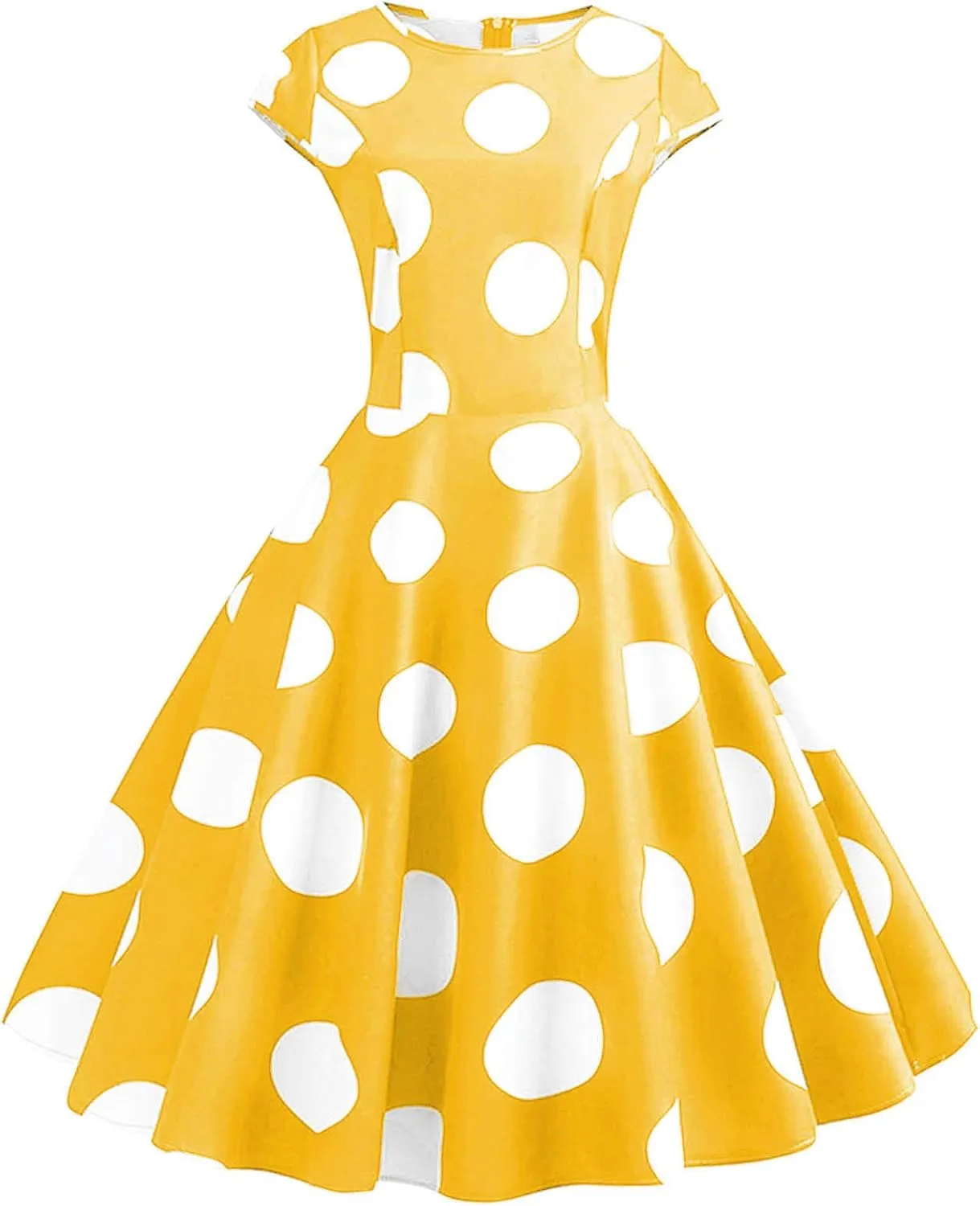 50s Outfits for Women Polka Dots Cap Sleeve Crew Neck Midi Sundress Rockabilly Swing A-Line Cocktail Party Dresses