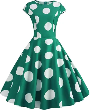 50s Outfits for Women Polka Dots Cap Sleeve Crew Neck Midi Sundress Rockabilly Swing A-Line Cocktail Party Dresses