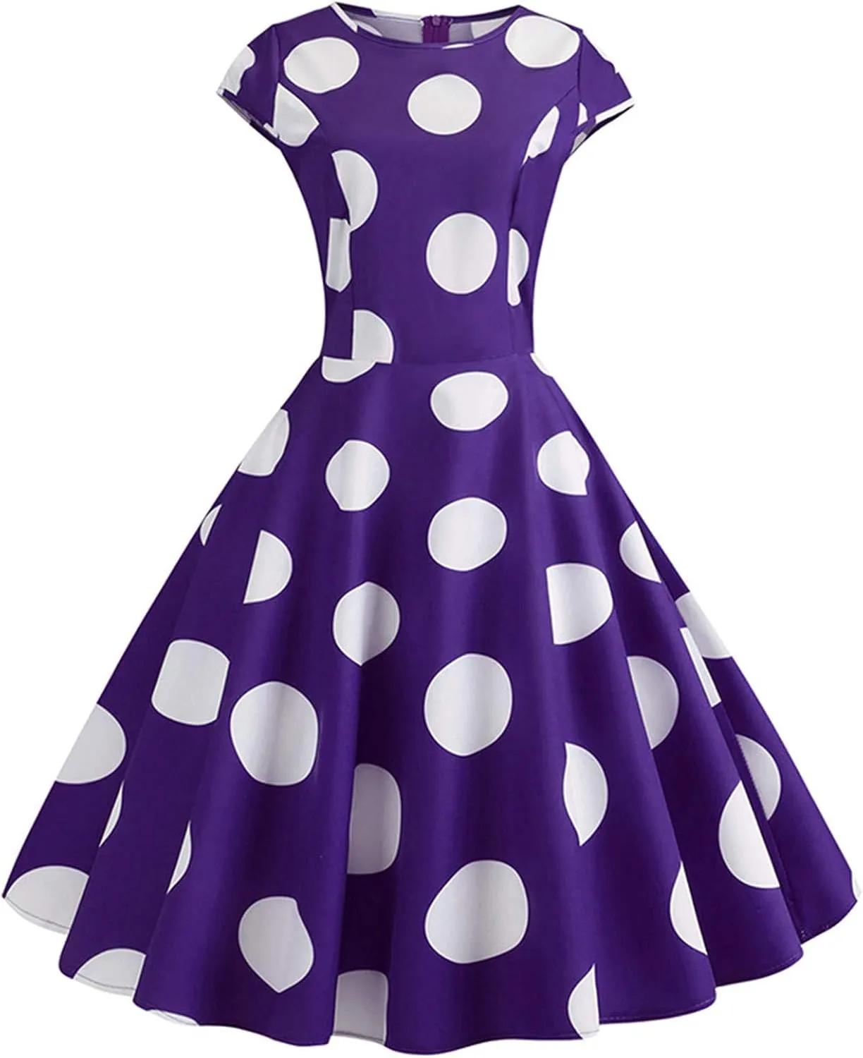 50s Outfits for Women Polka Dots Cap Sleeve Crew Neck Midi Sundress Rockabilly Swing A-Line Cocktail Party Dresses
