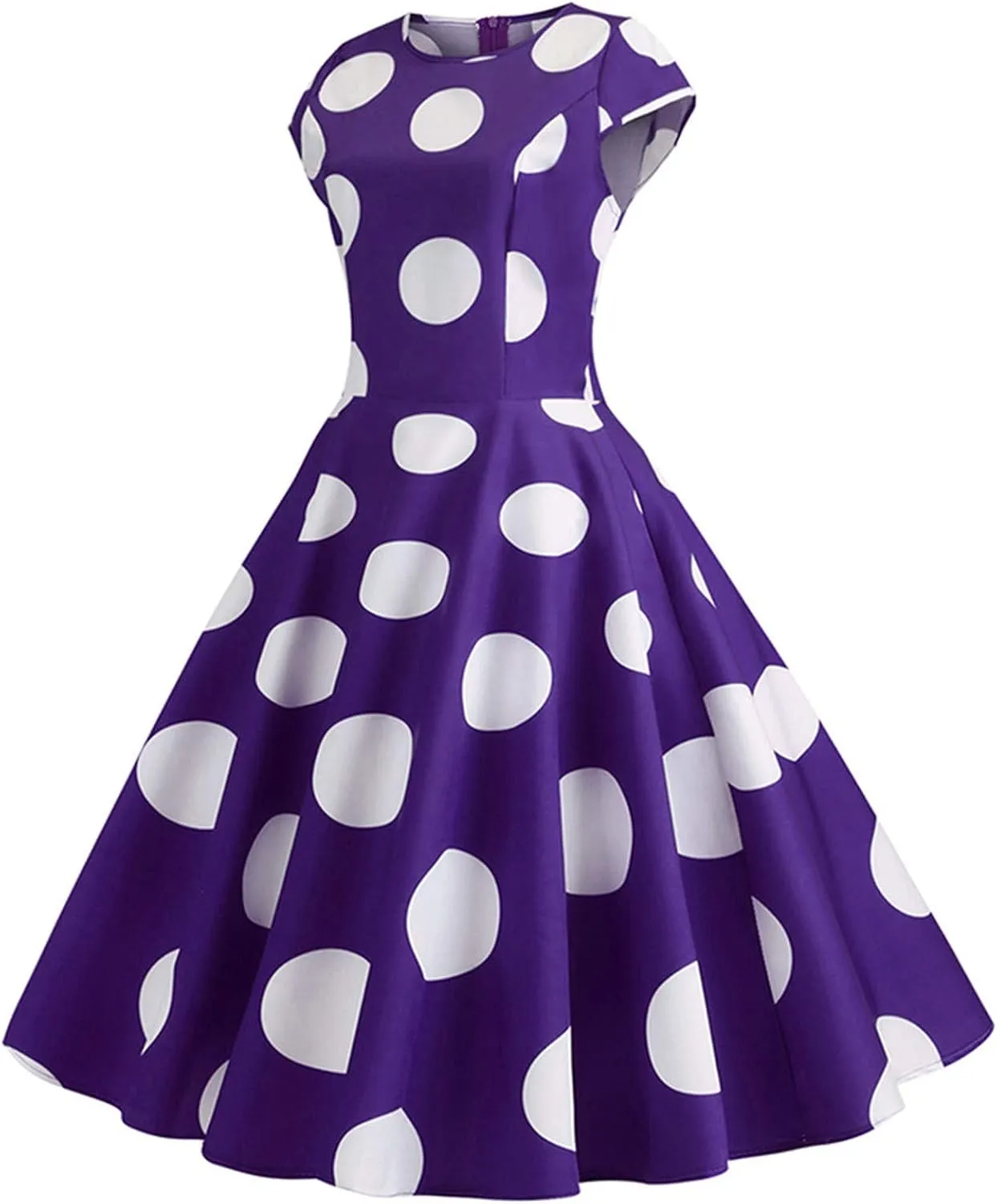 50s Outfits for Women Polka Dots Cap Sleeve Crew Neck Midi Sundress Rockabilly Swing A-Line Cocktail Party Dresses