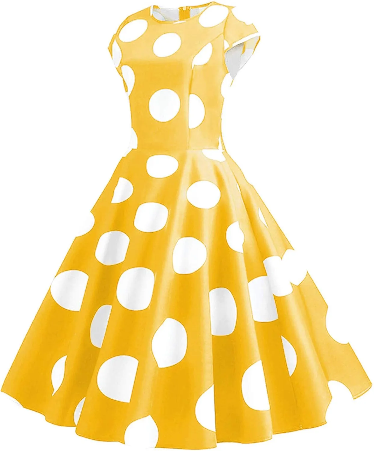 50s Outfits for Women Polka Dots Cap Sleeve Crew Neck Midi Sundress Rockabilly Swing A-Line Cocktail Party Dresses