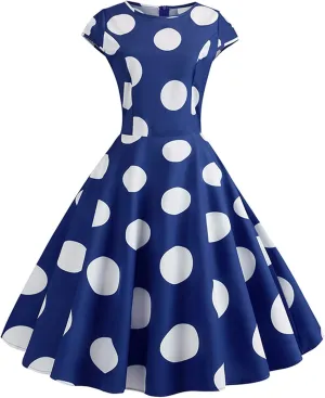 50s Outfits for Women Polka Dots Cap Sleeve Crew Neck Midi Sundress Rockabilly Swing A-Line Cocktail Party Dresses