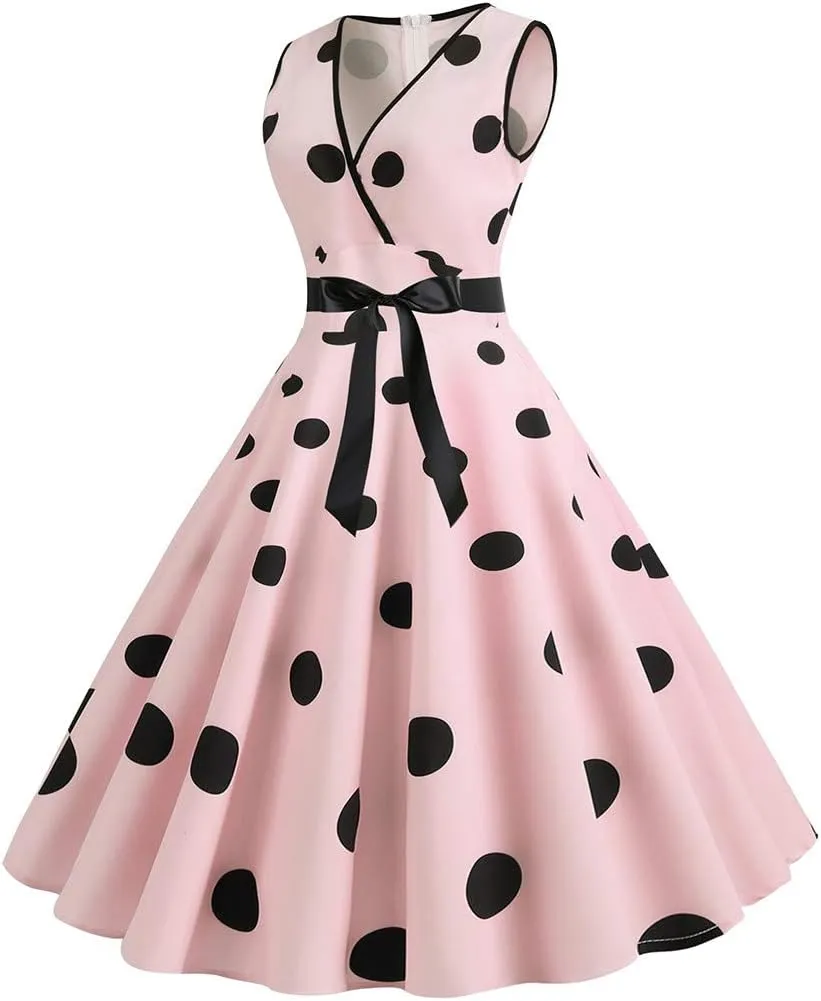 50s Style Dresses for Women Formal 2024 Sleeveless Polka Dots A-Line Swing Rockabilly Sundress Cocktail Party Dresses