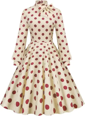 50s Style Dresses for Women Vintage 2024 Long Sleeve Polka Dot Swing Rockabilly Midi Dresses Garden Party Dress