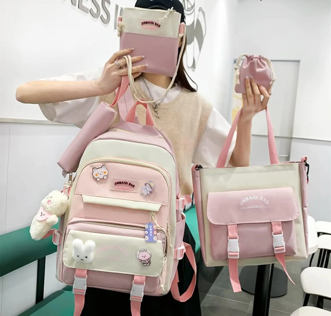 5Pcs Kawaii Cute Backpacks Combo Set with Bear Pendant & Pins - Patchwork Japanese Aesthetic Anime Bunny Daypack Bag Kit (Pink)