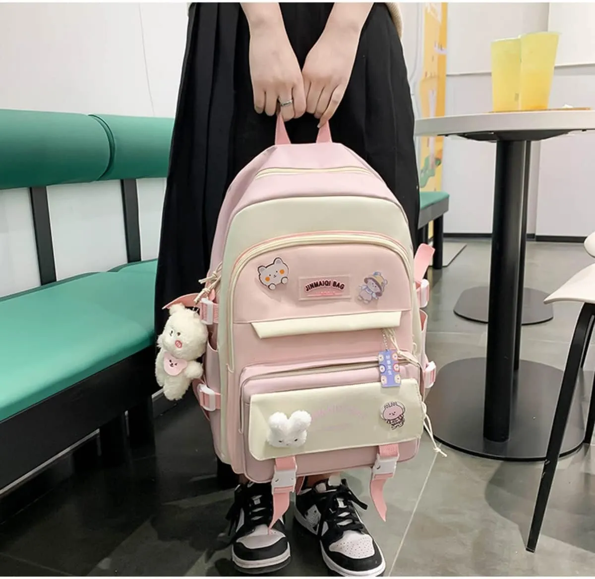 5Pcs Kawaii Cute Backpacks Combo Set with Bear Pendant & Pins - Patchwork Japanese Aesthetic Anime Bunny Daypack Bag Kit (Pink)