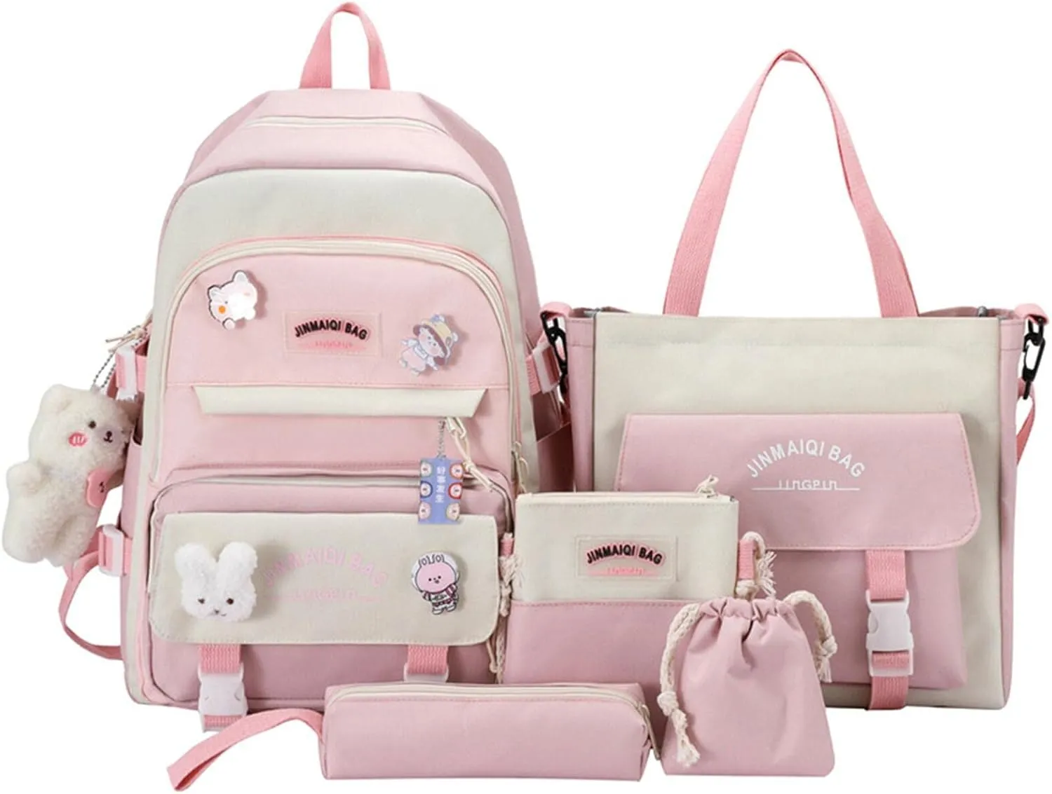 5Pcs Kawaii Cute Backpacks Combo Set with Bear Pendant & Pins - Patchwork Japanese Aesthetic Anime Bunny Daypack Bag Kit (Pink)