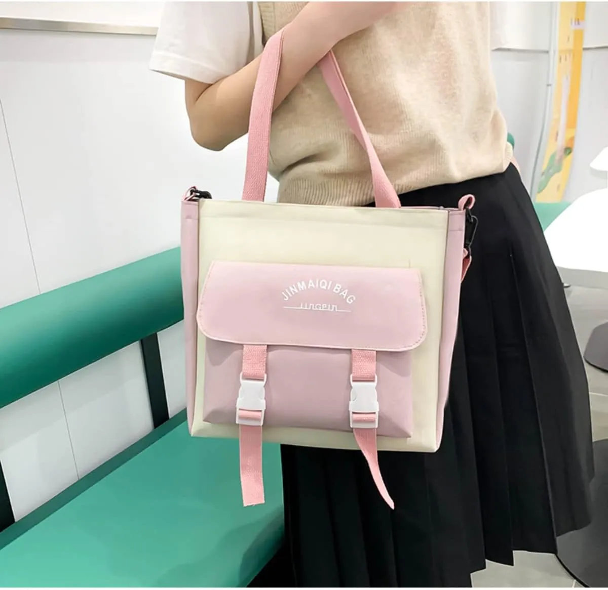 5Pcs Kawaii Cute Backpacks Combo Set with Bear Pendant & Pins - Patchwork Japanese Aesthetic Anime Bunny Daypack Bag Kit (Pink)