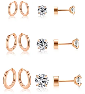 6 Pairs Earrings Sets, Multiple Piercing Lightweight 14K Gold Plated Small Huggie Hoop Earrings, Hypoallergenic Flat Back Tiny CZ Stud Flat Screw Back Earrings for Cartilage, Helix, Lobe (Rose Gold)
