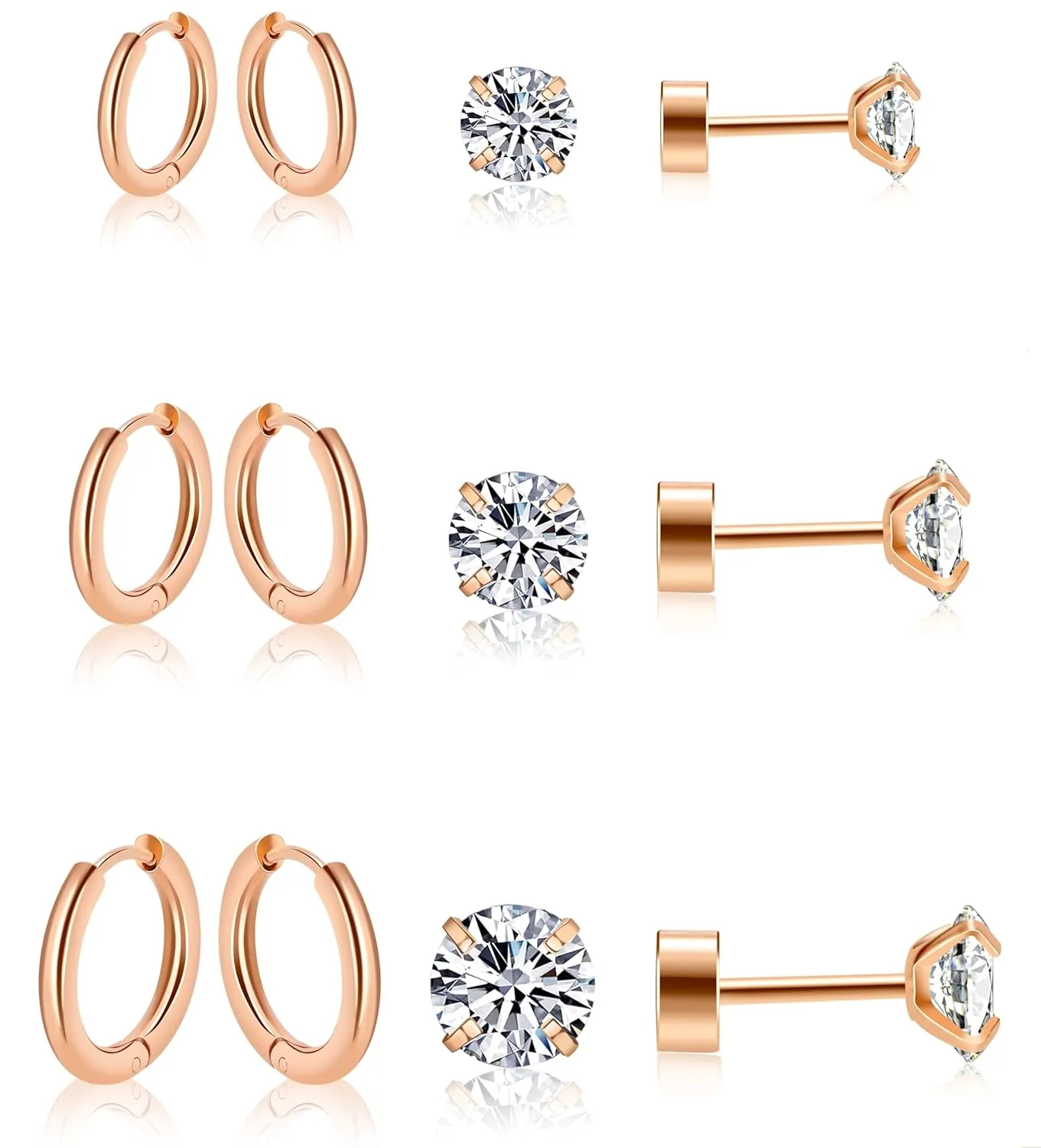 6 Pairs Earrings Sets, Multiple Piercing Lightweight 14K Gold Plated Small Huggie Hoop Earrings, Hypoallergenic Flat Back Tiny CZ Stud Flat Screw Back Earrings for Cartilage, Helix, Lobe (Rose Gold)
