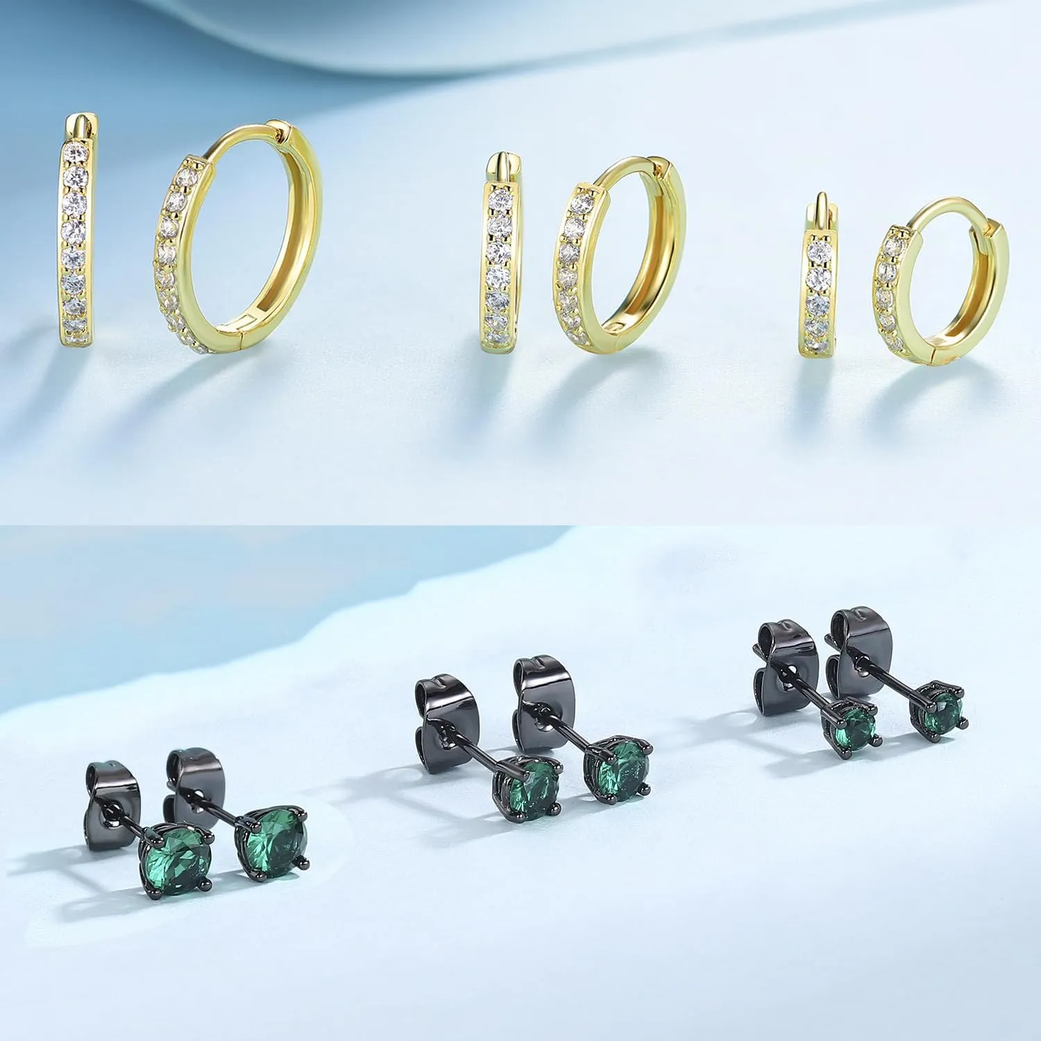 6 Pairs Multipack Earrings Sets For Women Men, 8/10/12mm CZ Small Huggie 14K Gold Plated Hoop Earrings, Tiny 3/4/5mm Round Crystal Studs 18K Black Gold Plated Multiple Ear Piercing Jewelry For Cartilage Hypoallergenic