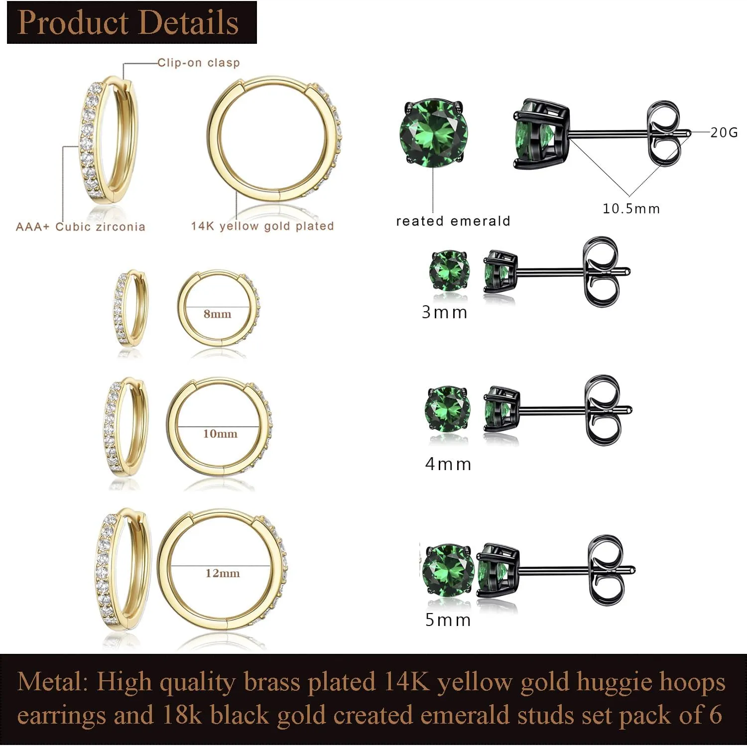 6 Pairs Multipack Earrings Sets For Women Men, 8/10/12mm CZ Small Huggie 14K Gold Plated Hoop Earrings, Tiny 3/4/5mm Round Crystal Studs 18K Black Gold Plated Multiple Ear Piercing Jewelry For Cartilage Hypoallergenic