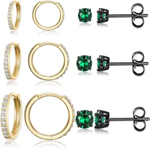 6 Pairs Multipack Earrings Sets For Women Men, 8/10/12mm CZ Small Huggie 14K Gold Plated Hoop Earrings, Tiny 3/4/5mm Round Crystal Studs 18K Black Gold Plated Multiple Ear Piercing Jewelry For Cartilage Hypoallergenic