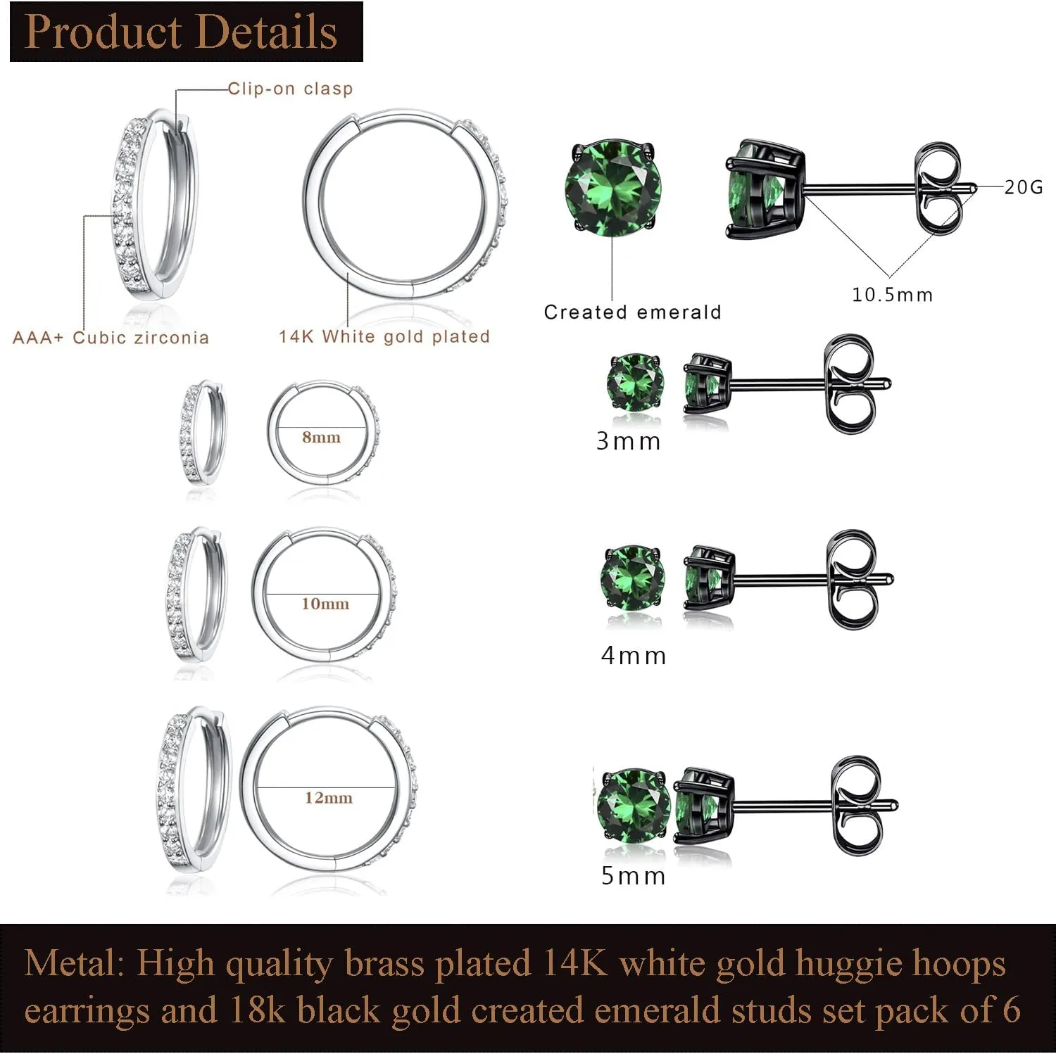 6 Pairs Multipack Earrings Sets For Women Men, 8/10/12mm CZ Small Huggie 14K White Gold Plated Hoop Earrings, Tiny 3/4/5mm Round Crystal Studs 18K Black Gold Plated Multiple Ear Piercing Jewelry For Cartilage Hypoallergenic