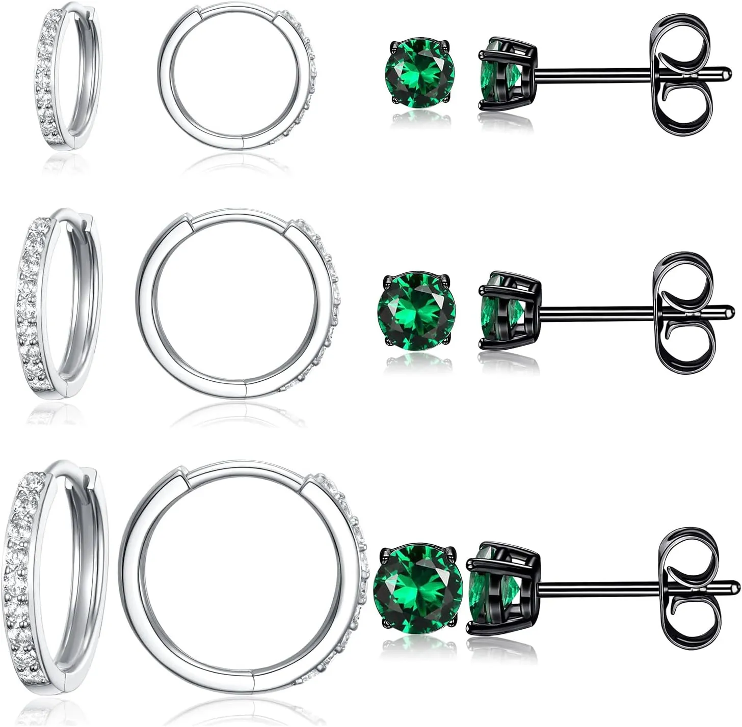 6 Pairs Multipack Earrings Sets For Women Men, 8/10/12mm CZ Small Huggie 14K White Gold Plated Hoop Earrings, Tiny 3/4/5mm Round Crystal Studs 18K Black Gold Plated Multiple Ear Piercing Jewelry For Cartilage Hypoallergenic