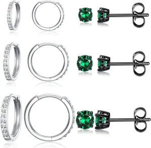 6 Pairs Multipack Earrings Sets For Women Men, 8/10/12mm CZ Small Huggie 14K White Gold Plated Hoop Earrings, Tiny 3/4/5mm Round Crystal Studs 18K Black Gold Plated Multiple Ear Piercing Jewelry For Cartilage Hypoallergenic