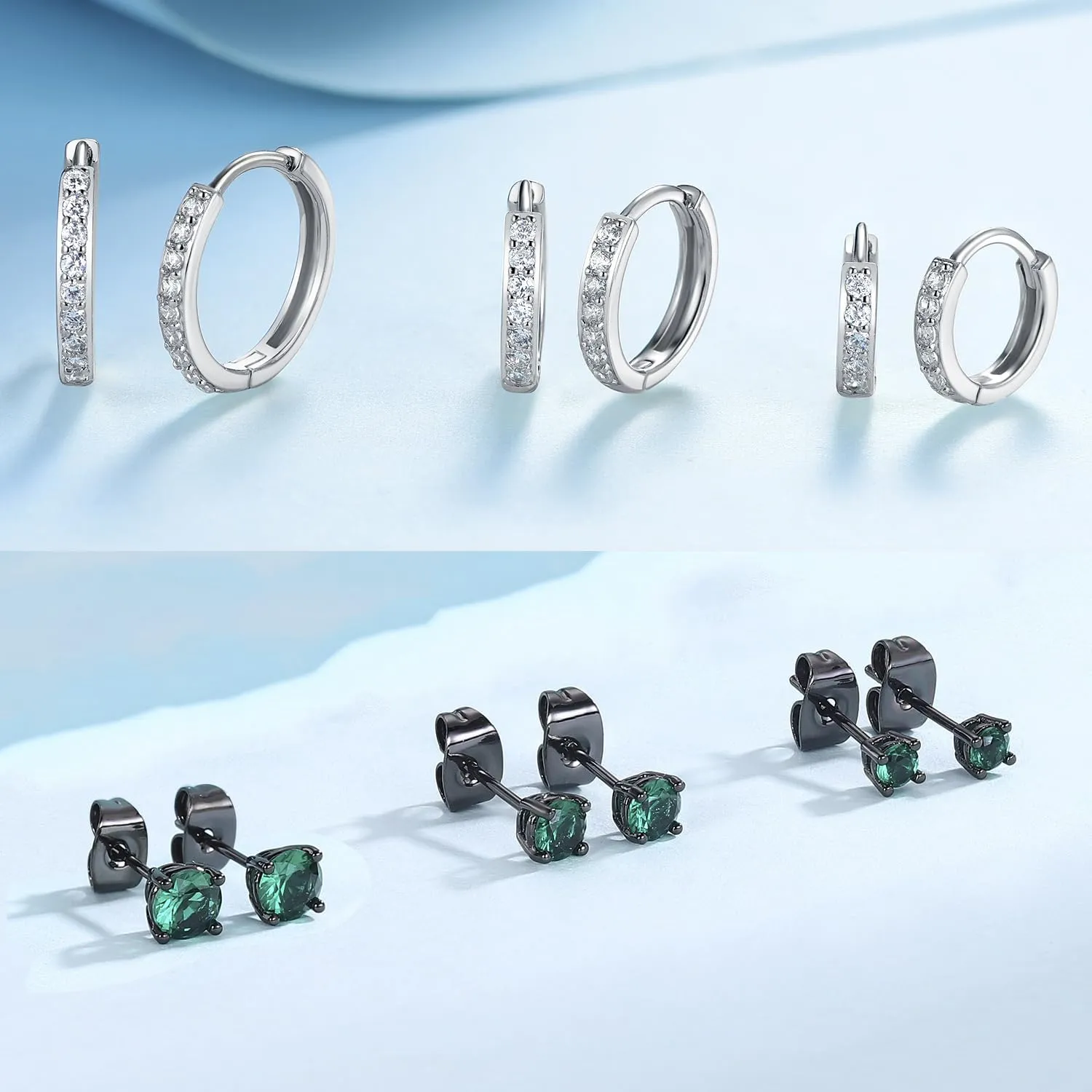 6 Pairs Multipack Earrings Sets For Women Men, 8/10/12mm CZ Small Huggie 14K White Gold Plated Hoop Earrings, Tiny 3/4/5mm Round Crystal Studs 18K Black Gold Plated Multiple Ear Piercing Jewelry For Cartilage Hypoallergenic