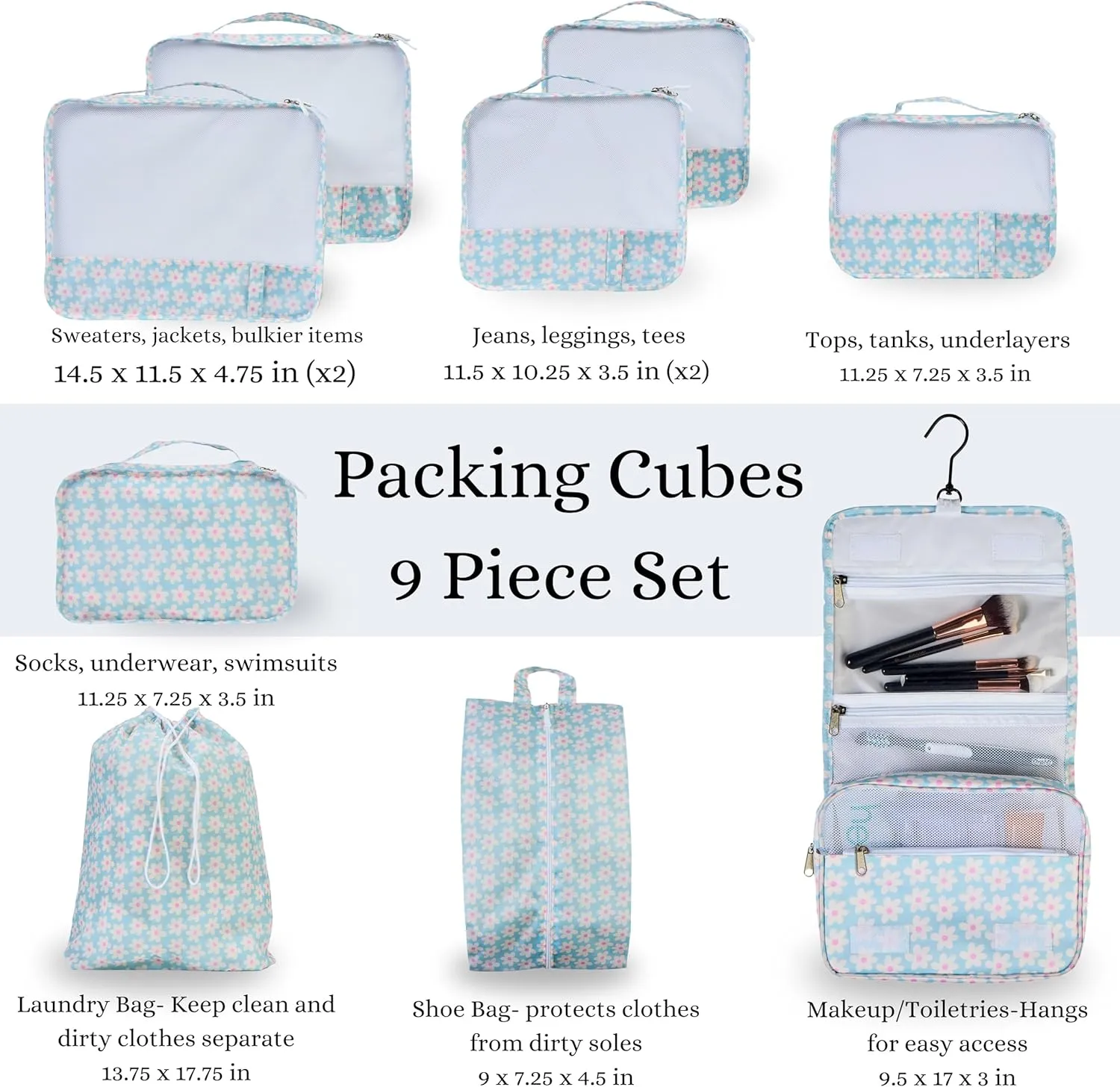 9 Piece Set Packing Cubes - Suitcase Organizer, Cute Packing Cubes, Travel Bag Organizer Luggage, Toiletry & Makeup Bag, Gifts for Women, Teachers and Gradutes -Blue Daisy