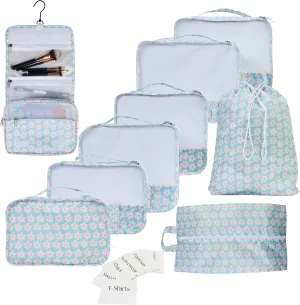 9 Piece Set Packing Cubes - Suitcase Organizer, Cute Packing Cubes, Travel Bag Organizer Luggage, Toiletry & Makeup Bag, Gifts for Women, Teachers and Gradutes -Blue Daisy