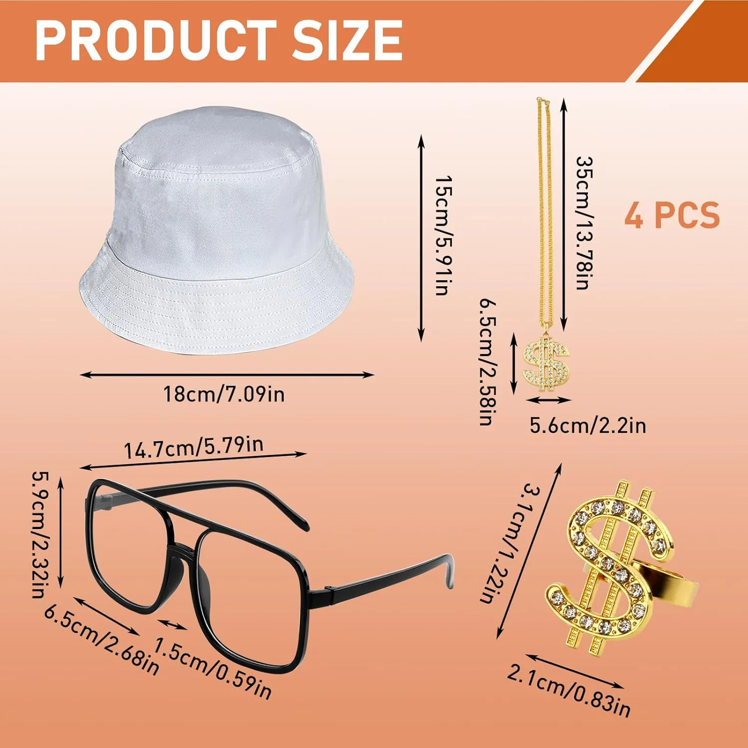 90s Accessories Outfit for Women/Men 80s Hip Hop Costume Kit Old School Rapper DJ Hat Sunglasses Dollar Sign Ring Gold Rope Chain Necklace Jewelry Set for Fancy Dress Cosplay Party Decorations