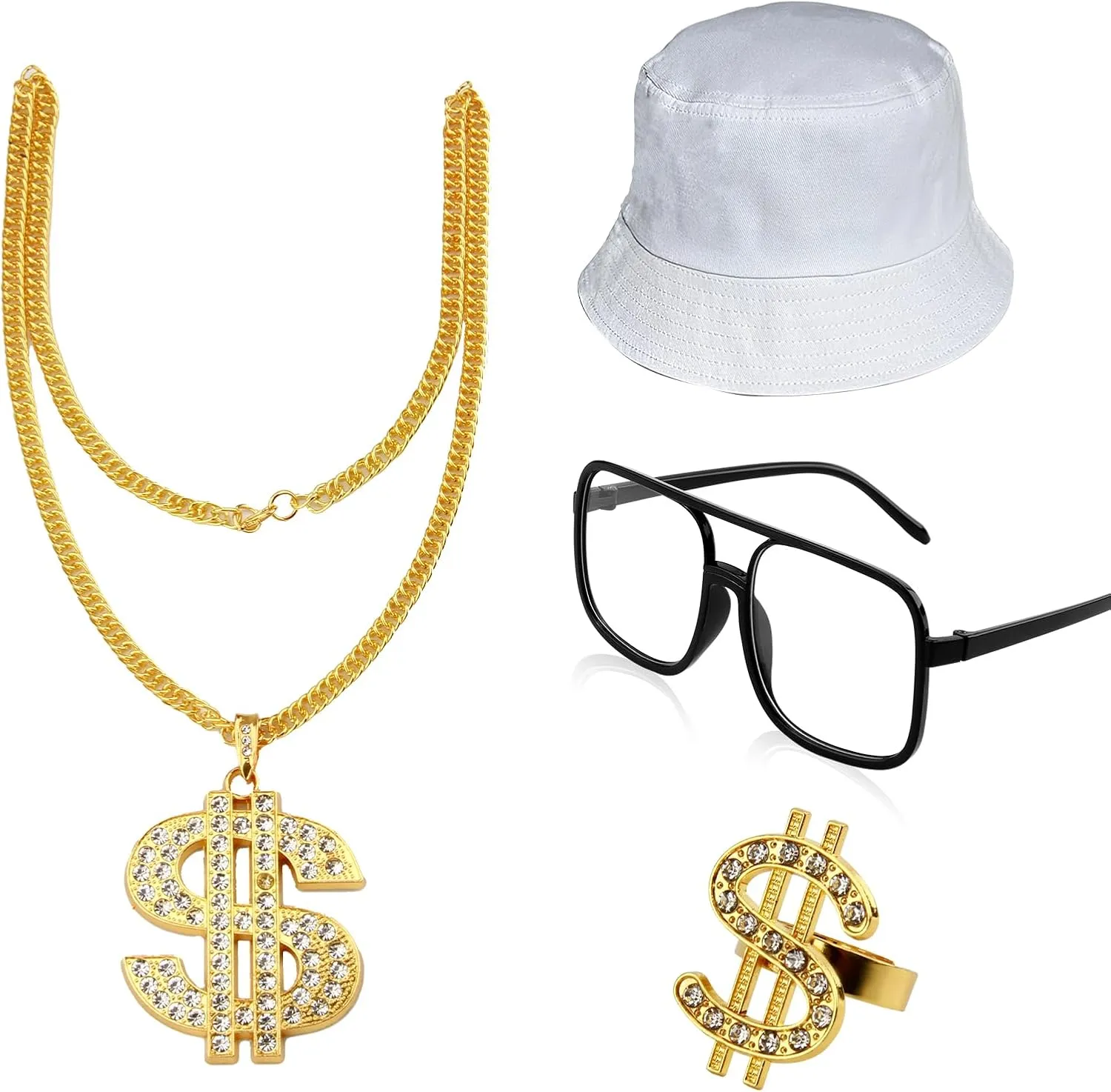 90s Accessories Outfit for Women/Men 80s Hip Hop Costume Kit Old School Rapper DJ Hat Sunglasses Dollar Sign Ring Gold Rope Chain Necklace Jewelry Set for Fancy Dress Cosplay Party Decorations