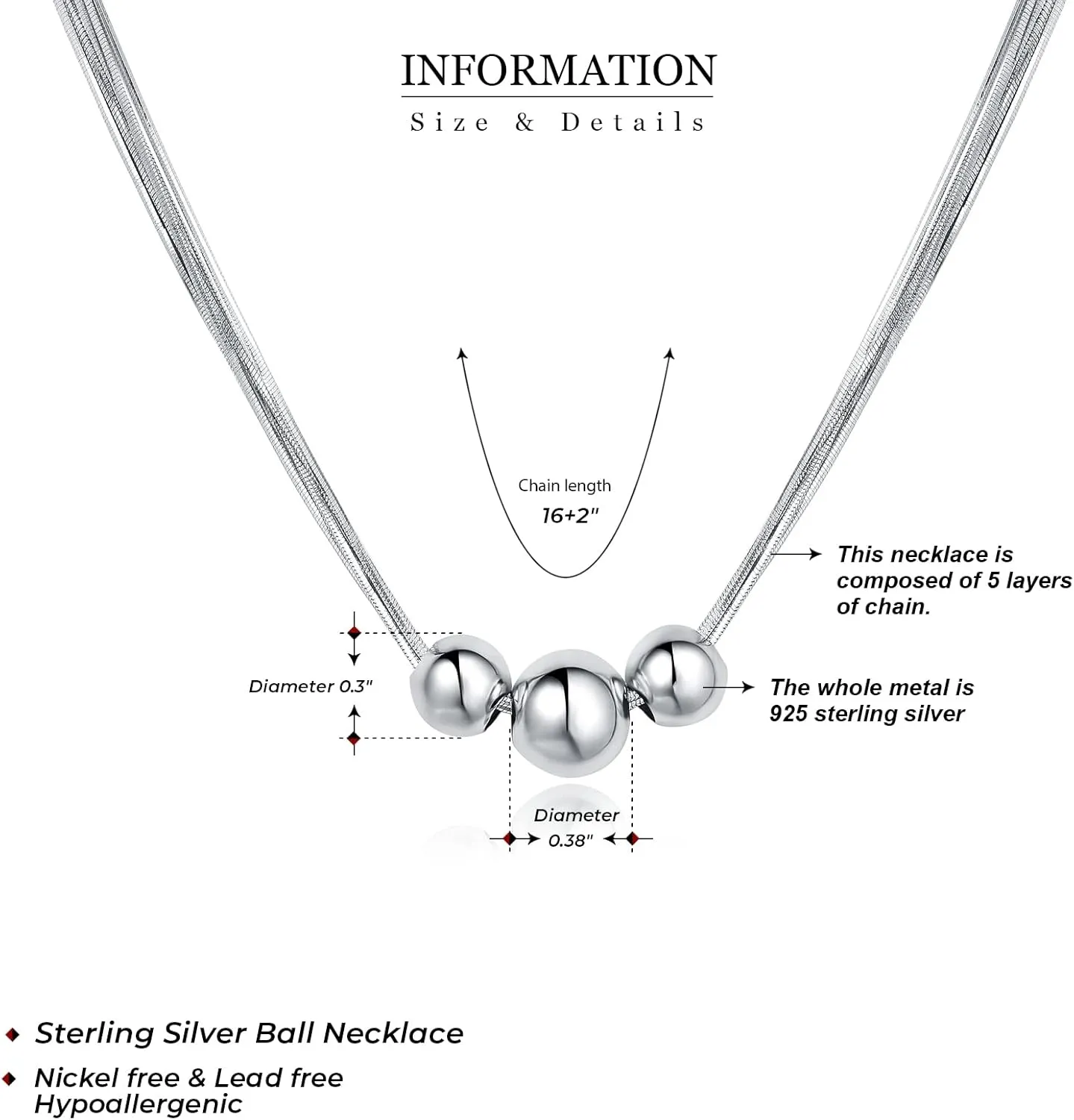 925 Sterling Silver Ball Bead Pendant Necklaces for Women, Silver Ball Necklaces for Women Mom Birthday