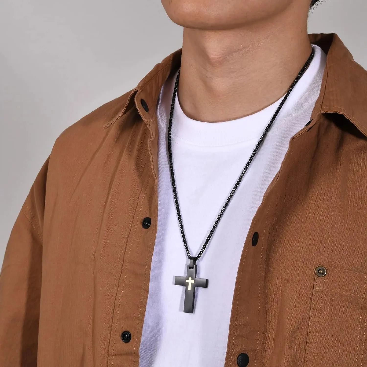 925 Sterling Silver Double Layered Cross Necklace For Men - Cross Layered Necklaces, Punk Layered Cross Necklaces For Women, Side Cross Necklace Layered, Christian Religious Jewelry For Men