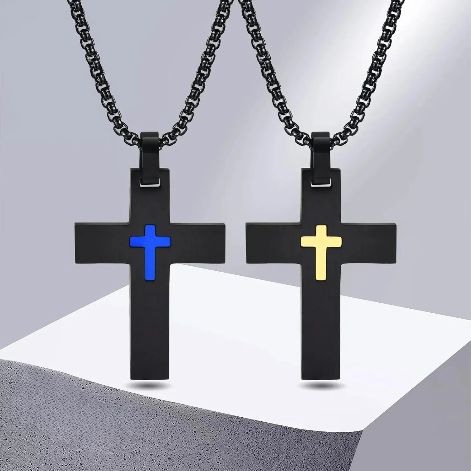 925 Sterling Silver Double Layered Cross Necklace For Men - Cross Layered Necklaces, Punk Layered Cross Necklaces For Women, Side Cross Necklace Layered, Christian Religious Jewelry For Men