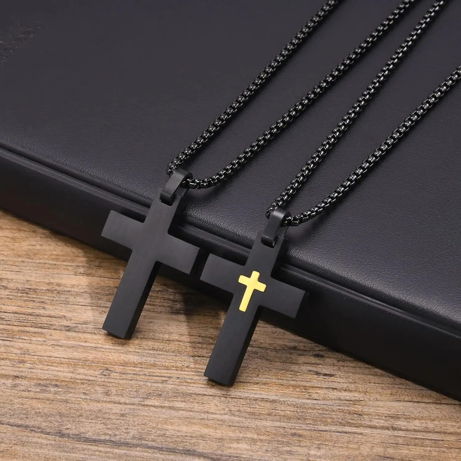 925 Sterling Silver Double Layered Cross Necklace For Men - Cross Layered Necklaces, Punk Layered Cross Necklaces For Women, Side Cross Necklace Layered, Christian Religious Jewelry For Men