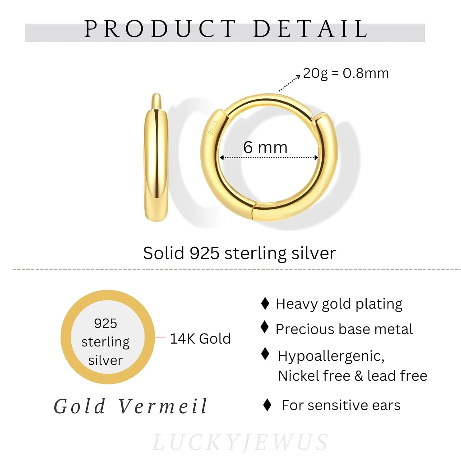 925 Sterling Silver Small Gold Huggie Hoop Earrings for Women Men, 14K Gold Plated Cartilage Hoop Earring, Helix, Tragus, Earlobe Tiny Hoops Lightweight Hypoallergenic Earrings Cuff (1 Pair - 6mm)