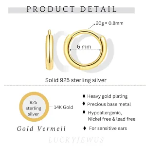 925 Sterling Silver Small Gold Huggie Hoop Earrings for Women Men, 14K Gold Plated Cartilage Hoop Earring, Helix, Tragus, Earlobe Tiny Hoops Lightweight Hypoallergenic Earrings Cuff (1 Pair - 6mm)