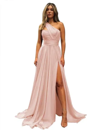 A-line Pleated Chiffon Bridesmaid Dress for Women, One Shoulder Neck Formal Evening Dress High Slit Prom Dresses