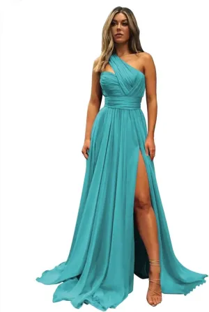 A-line Pleated Chiffon Bridesmaid Dress for Women, One Shoulder Neck Formal Evening Dress High Slit Prom Dresses