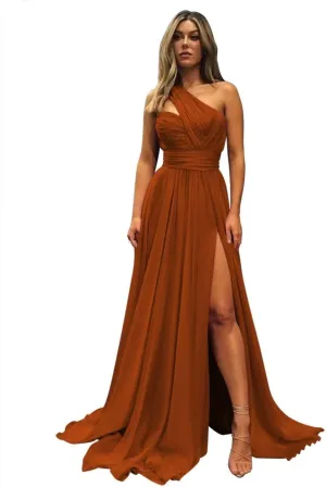 A-line Pleated Chiffon Bridesmaid Dress for Women, One Shoulder Neck Formal Evening Dress High Slit Prom Dresses