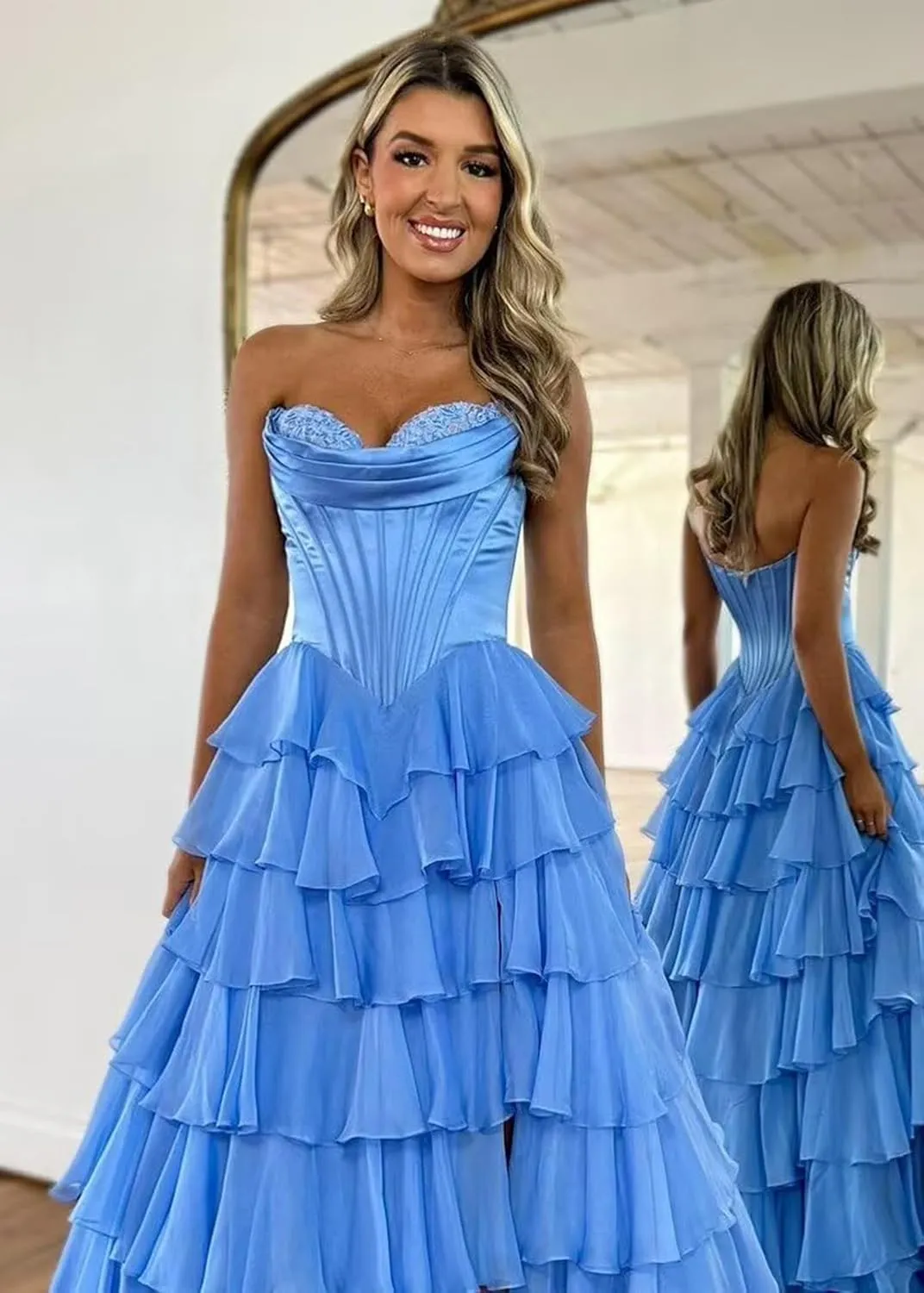 A-Line Tiered Chiffon Prom Dresses Strapless Appliques Evening Dresses with Slit Corset Back