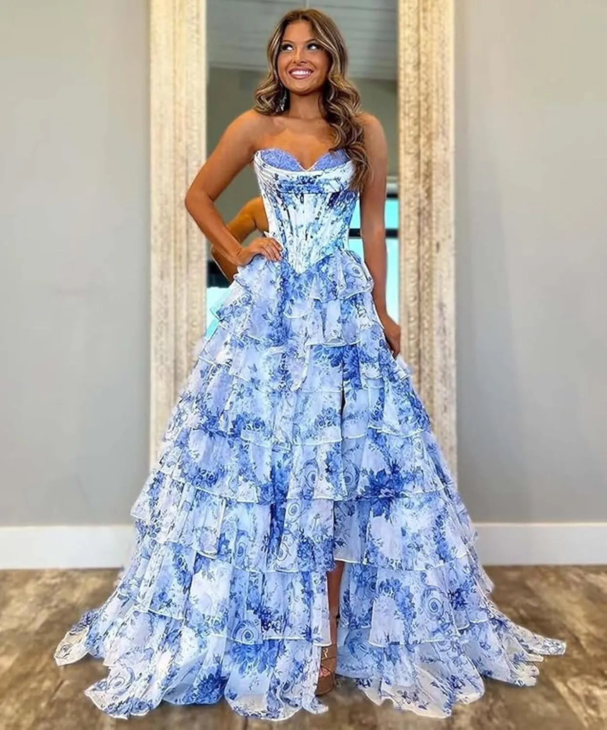 A-Line Tiered Chiffon Prom Dresses Strapless Appliques Evening Dresses with Slit Corset Back