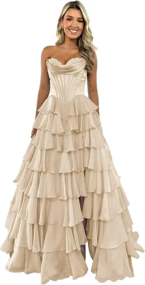 A-Line Tiered Chiffon Prom Dresses Strapless Appliques Evening Dresses with Slit Corset Back