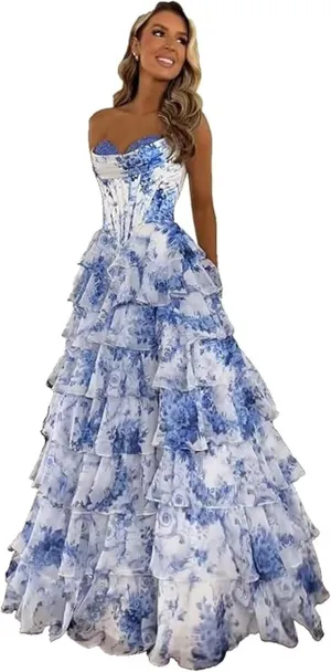 A-Line Tiered Chiffon Prom Dresses Strapless Appliques Evening Dresses with Slit Corset Back