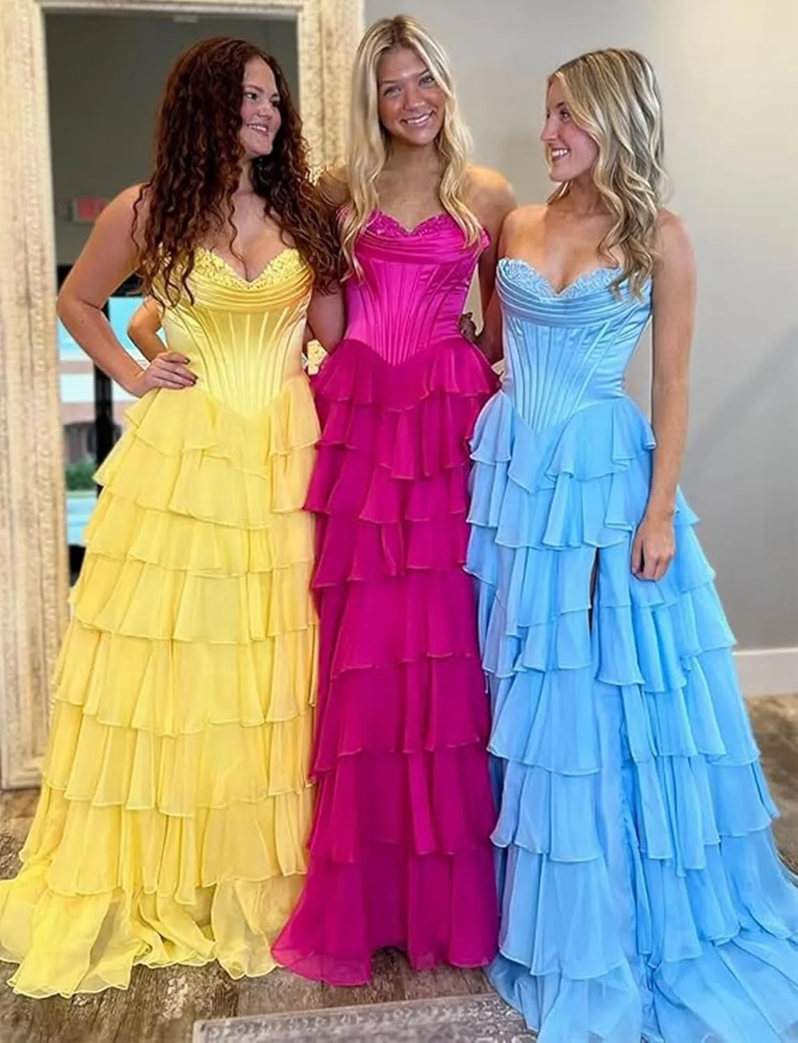 A-Line Tiered Chiffon Prom Dresses Strapless Appliques Evening Dresses with Slit Corset Back