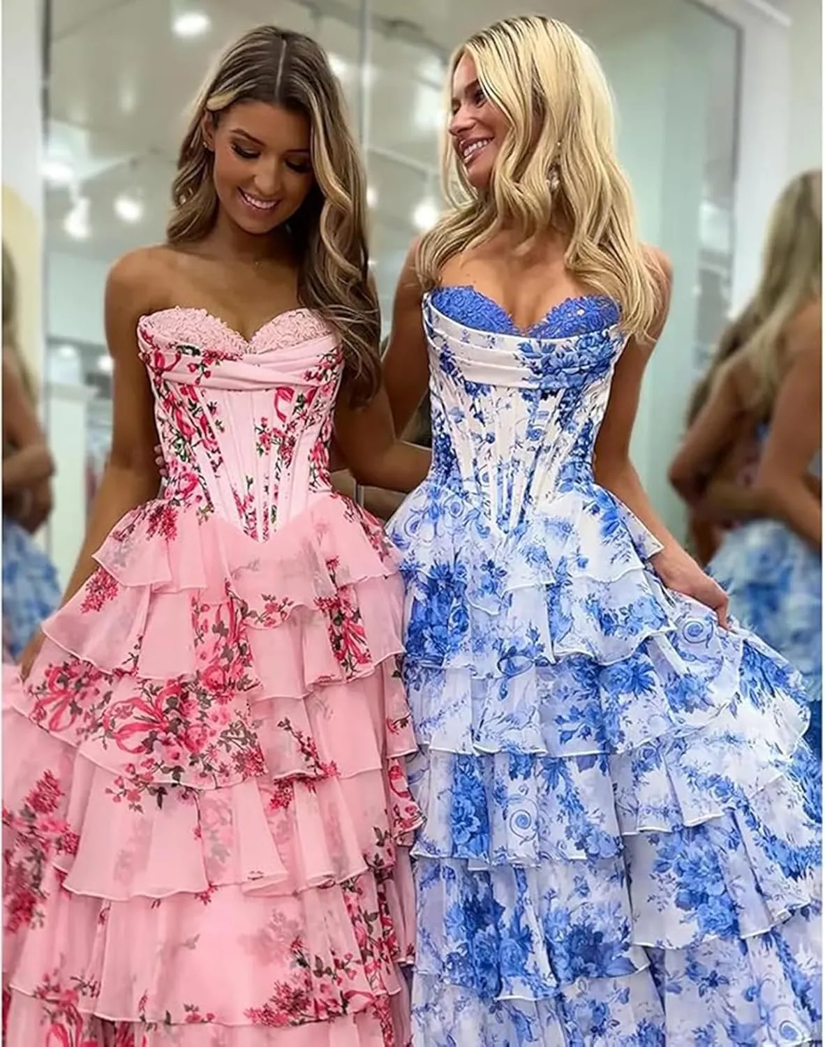 A-Line Tiered Chiffon Prom Dresses Strapless Appliques Evening Dresses with Slit Corset Back