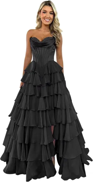 A-Line Tiered Chiffon Prom Dresses Strapless Appliques Evening Dresses with Slit Corset Back