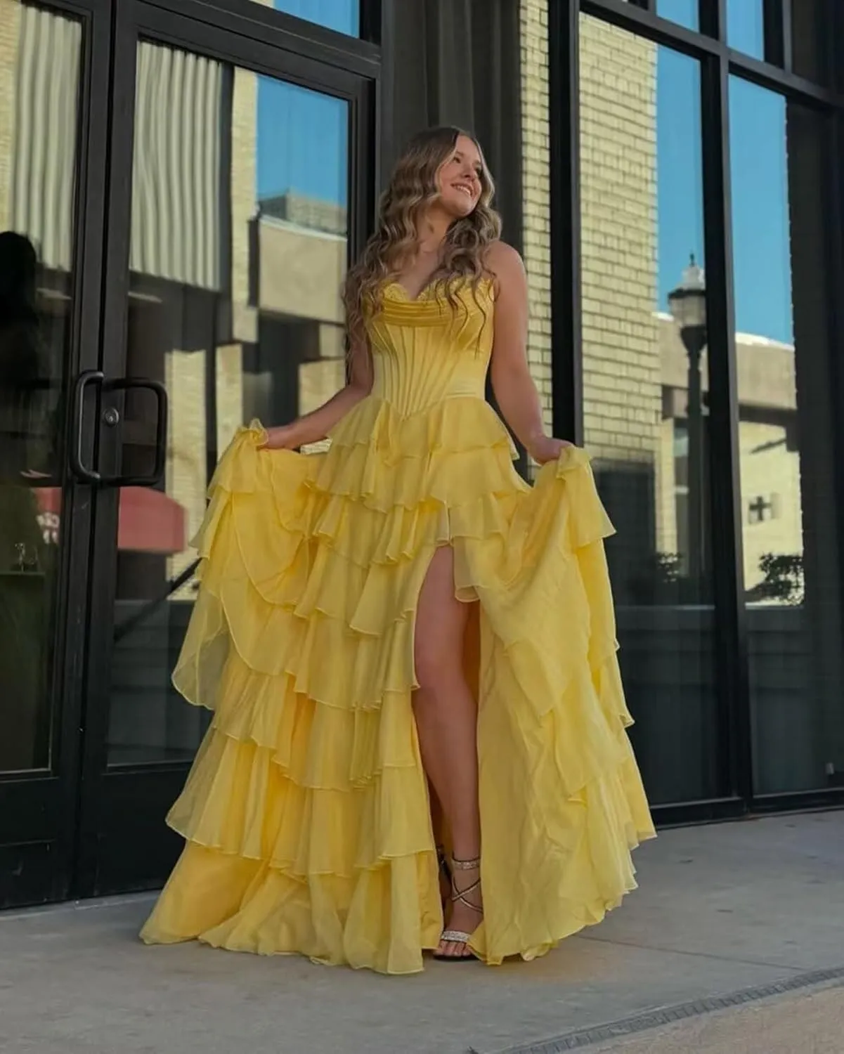 A-Line Tiered Chiffon Prom Dresses Strapless Appliques Evening Dresses with Slit Corset Back