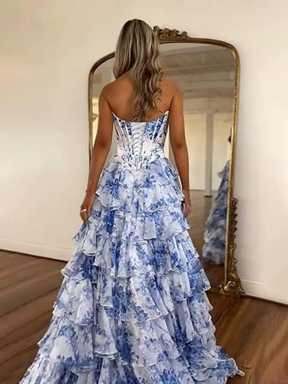 A-Line Tiered Chiffon Prom Dresses Strapless Appliques Evening Dresses with Slit Corset Back