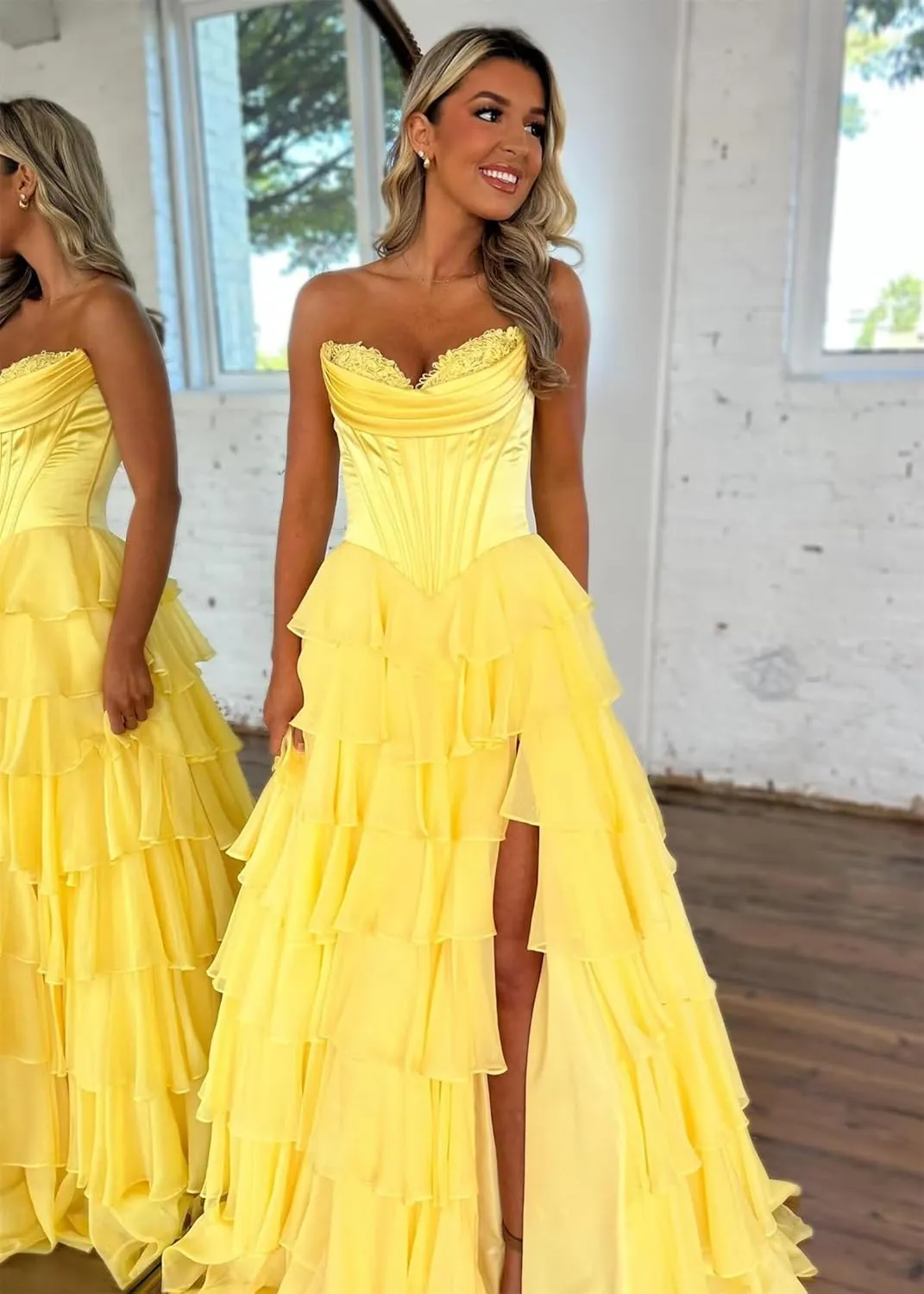 A-Line Tiered Chiffon Prom Dresses Strapless Appliques Evening Dresses with Slit Corset Back