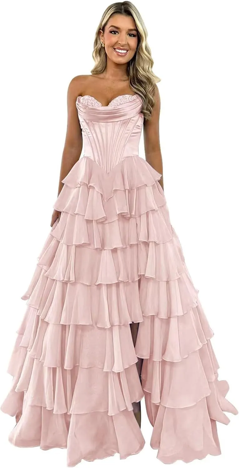 A-Line Tiered Chiffon Prom Dresses Strapless Appliques Evening Dresses with Slit Corset Back