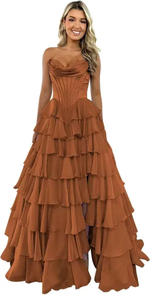 A-Line Tiered Chiffon Prom Dresses Strapless Appliques Evening Dresses with Slit Corset Back