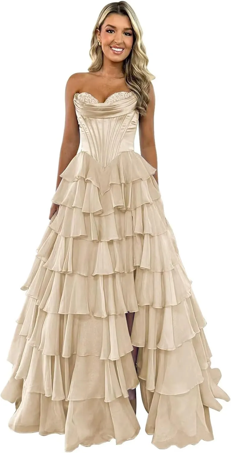 A-Line Tiered Chiffon Prom Dresses Strapless Appliques Evening Dresses with Slit Corset Back